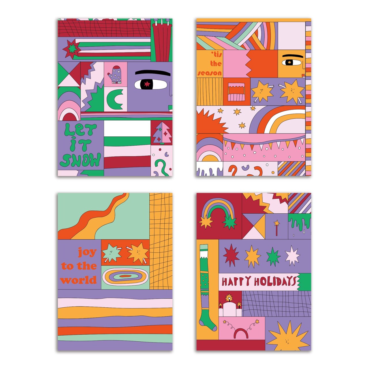 Retro Abstract Christmas Cards - 24-Pack Holiday Greeting Cards with 4 Colorful, Retro-Inspired Designs, Perfect for Sharing Merry Christmas & Holiday Wishes, Blank Inside for Personalized Messages - Unique and Vibrant Stationery Set